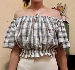Aesthetic korean Plaid Off-Shoulder Top