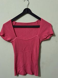 Pink Ribbed Square Neck Top