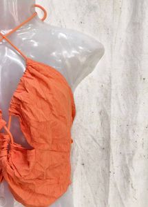Orange Ruched Halter Neck Crop Top