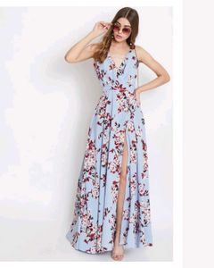 Berrylush Blue Floral Maxi Dress with Slit