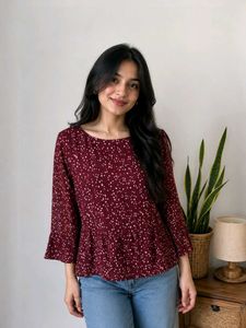 Quiero Maroon Ditsy Print Sheer peplum Top