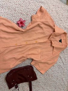 Cute Orange Gingham Button-Up Shirt
