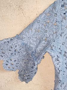 Blue Lace Bell Sleeve Top Sheer Cropped