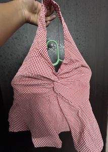 Red & White Gingham Twist Halter Top