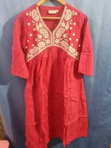 Utsa Red Embroidered Cotton Kurta