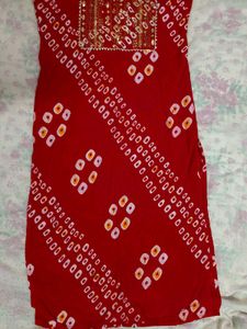 Red Bandhani Print Kurta with Embroidery