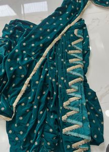 Elegant Teal Velvet Embroidered Scarf