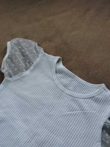 White Ribbed Top with Puff Sleeves