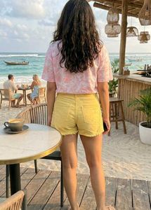 Yellow Denim Shorts with Lace Detail
