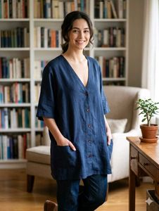 V-Neck Button-Up Tunic Top