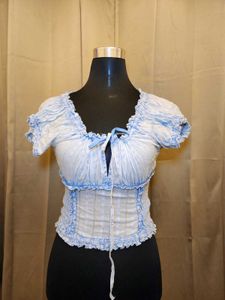 Blue &amp; White Striped Ruffled Crop Top