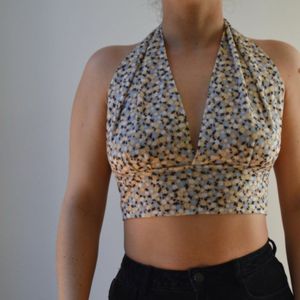 CuteShirred Floral Halter Crop Top