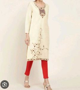 Very V,Beautiful Cream Kurta And Red Legging