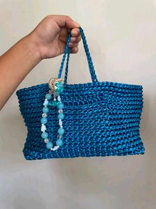 Blue Woven Tote Bag with Beaded Charm