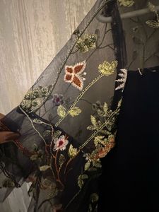 Elegant Black Dress with Floral Mesh Sleeves