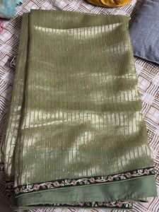 Elegant Green &amp; Gold Striped Saree