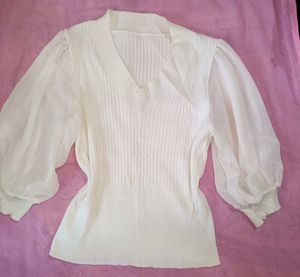 Chic White Knit Top with Sheer Sleeves
