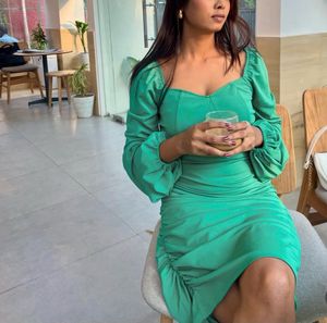 Emerald Green Ruched Midi Dress