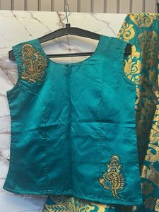 Silk Teal &amp; Gold Brocade 3 piece  Lehenga KurtiSet