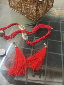 Bohemian Red Beaded Necklace &amp; Tassels