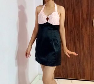 Light Pink Padded Halter Neck Black Dress