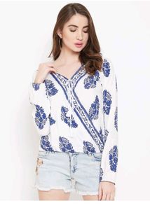 White Blue Print Wrap Top.