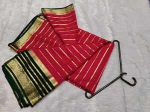 Elegant Red & Gold Striped Saree