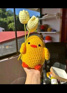 Handmade Crochet Chick with Tulips