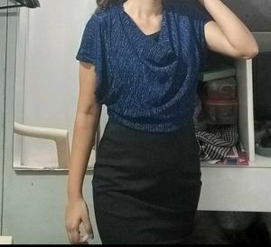 Sparkly Blue Top &amp; Black High-Slit Skirt Set