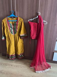 Yellow Kurta with Red Bottom and Dupatta