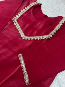 Elegant Red shiny fabric Kurta Set with Gold Trim