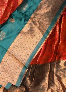 Elegant Teal &amp; Orange Banarasi Silk Lehenga