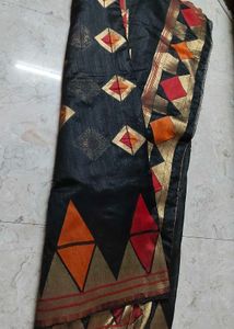 Black Saree with Geometric Print