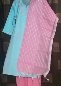 BrandNewKhadiCotton SkyBlueKurtiSetWithPinkColorP