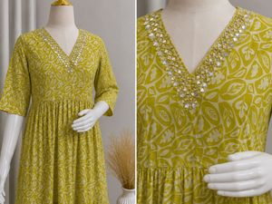 Women’s Olive Green Printed Cotton Maxi Dress with