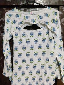 White Floral Print Kurta with Cutout