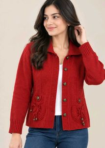 Red Button-Up Cardigan with Bow Pockets