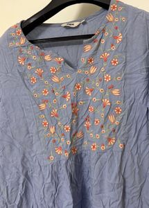 Embroidered Blue Cotton Kurta