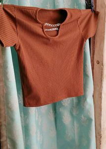 Ribbed Brown Crop Top with Chain Detail