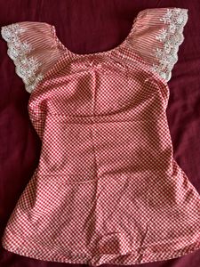 Cute Red Gingham Lace Top