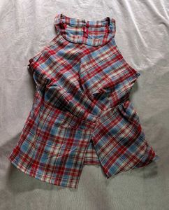 Red &amp; blue plaid halter top with asymmetrical pl