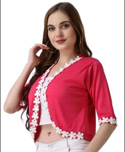 Stylish Pink Shrug with Floral Trim