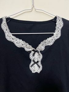 Black Lace Trimmed Long Sleeve Top