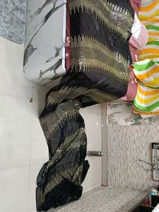 Stunning Black &amp; Gold Sequin Saree for Wedding Wea