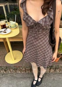 y2k Brown Plaid Ruffle Mini Dress
