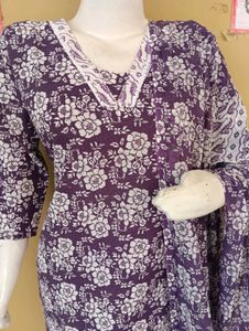 Purple Floral Print Kurta Set with Dupatta