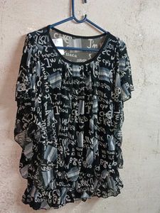 Sheer Graphic Print Ruffle Top Oversized
