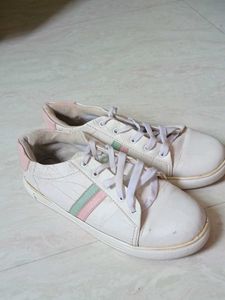 White Sneakers with Pastel Stripes