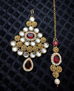 Traditional Kundan Maang Tikka and Passa (Red)