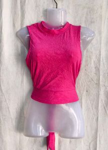 Vibrant Pink Ribbed Mock Neck Crop Top